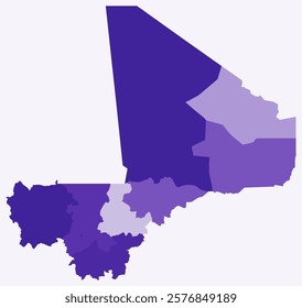 Map of Mali with regions. Just a simple country border map with region division. Deep purple color palette. Blank Mali shape with administrative division. Vector illustration.