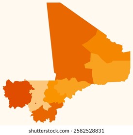 Map of Mali with regions. Just a simple country border map with region division. Orange color palette. Plain Mali shape with administrative division. Vector illustration.