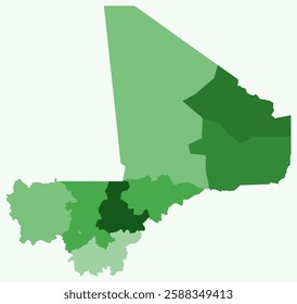 Map of Mali with regions. Just a simple country border map with region division. Green color palette. Plain Mali shape with administrative division. Vector illustration.