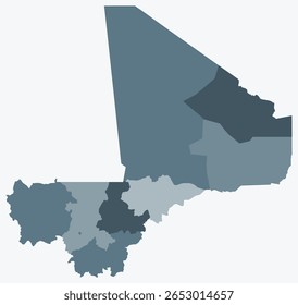 Map of Mali with regions. Just a simple country border map with region division. Blue grey color palette. Plain Mali shape with administrative division. Vector illustration.