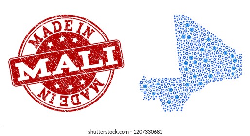 Map of Mali vector mosaic and Made In grunge stamp. Map of Mali designed with blue gear relations. Made in red seal with grunge rubber texture. Vector abstract mosaic of map of Mali with job symbols.