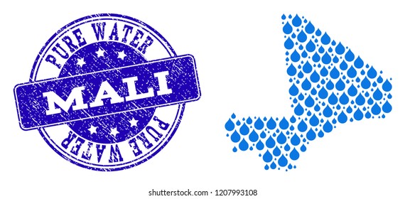 Map of Mali vector mosaic and Pure Water grunge stamp. Map of Mali formed with blue water dews. Seal with unclean rubber texture for pure drinking water.