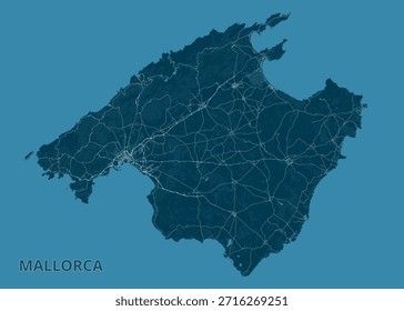 Mapa da Ilha de Maiorca. A ilha é renderizada em uma cor azul escuro, com uma rede de linhas brancas representando estradas e caminhos através do terreno.