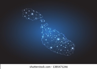 Map of Malta - Abstract mash line and point scales on circuit dark background. Wire frame 3D mesh polygonal network line, design sphere, dot and structure. Vector illustration eps 10.