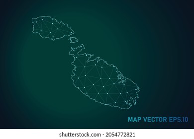 Karte von Malta - Abstrakte Mash Linie und Punktwaage auf dunklem Farbverlauf-Hintergrund. Draht-Rahmen 3D-Mesh-Netzlinie, Design-Kugel, Punkt und Struktur. Vektorgrafik eps10.