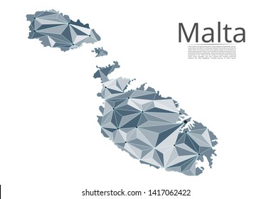 Map of Malta connection. Vector low-poly image of a global map with lights in the form of cities or population density, consisting of points and shapes and space. Easy to edit