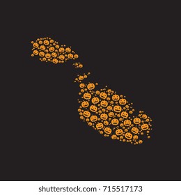 map of malta filled with halloween pumpkin heads of different sizes on a black background