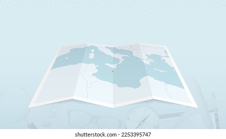 Map of Malta with the flag of Malta in the contour of the map on a trip abstract backdrop. Travel illustration.