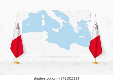 Map of Malta and flags of Malta on flag stand. Vector illustration for diplomacy meeting.