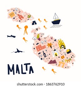 Mapa de Malta. Mapa ilustrado de Malta en el mapa de doodles de dibujos animados. Ilustración vectorial en un estilo de color dibujado a mano.