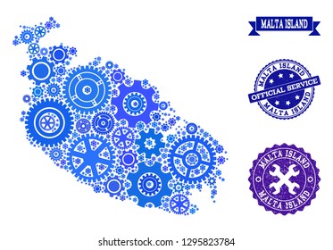 Map of Malta Island composed with blue engine symbols, and isolated rubber watermarks for official repair services.
