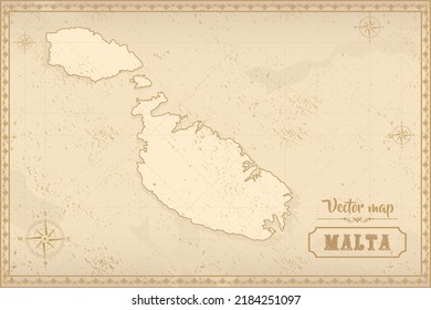 Mapa de Malta en el estilo antiguo, gráficos marrones en estilo de fantasía retro