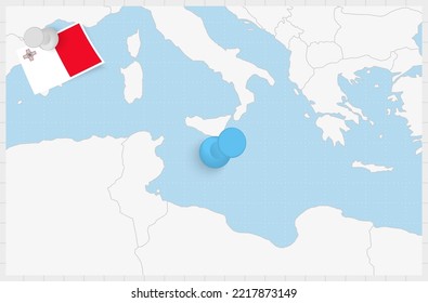 Map of Malta with a pinned blue pin. Pinned flag of Malta, vector illustration.