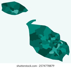 Map of Malta with regions. Just a simple country border map with region division. Teal color palette. Flat Malta shape with administrative division. Vector illustration.