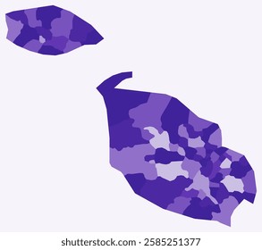 Map of Malta with regions. Just a simple country border map with region division. Deep purple color palette. Flat Malta shape with administrative division. Vector illustration.