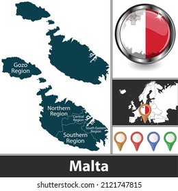 Map of Malta with regions and location on European map. Vector image