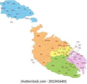 Mapa de Malta con representación de las divisiones administrativas por los consejos locales y distribución por regiones - Nombres de los consejos locales en inglés y maltés