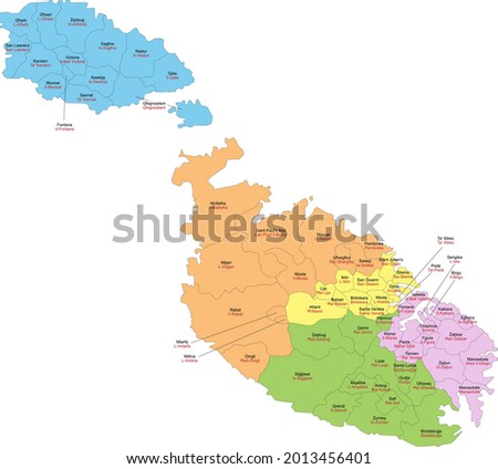 Map of Malta with representation of administrative divisions by local councils and distribution by regions - Names of local councils in English and Maltese