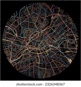 Map of Manchester, North West England with all major and minor roads, railways and waterways. Colorful line art on black background.