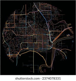 Map of Manhattan, Kansas with all major and minor roads, railways and waterways. Colorful line art on black background.