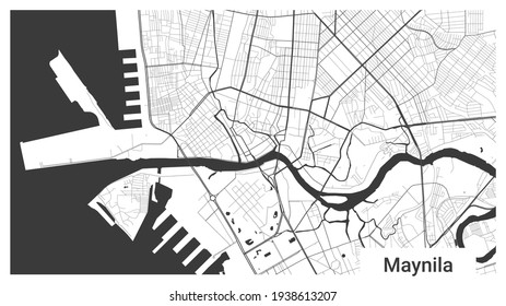 Map of Manila city, Republic, Philippines. Horizontal background map poster black and white land, streets and rivers. 1920 1080 proportions. Royalty free grayscale graphic vector illustration.