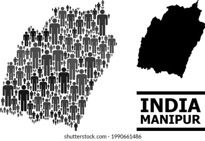 Map of Manipur State for demographics projects. Vector demographics abstraction. Concept map of Manipur State combined of person items. Demographic scheme in dark grey color tints.