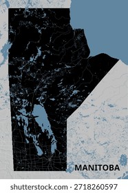 Map of Manitoba, Canada. The map is predominantly black, with blue areas indicating bodies of water such as lakes and rivers. The surrounding areas are light gray.