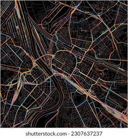 Map of Mannheim, Baden-Wuerttemberg with all major and minor roads, railways and waterways. Colorful line art on black background.