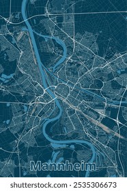 Mapa de Mannheim, Alemanha, renderizado em um estilo minimalista. O mapa apresenta um fundo azul profundo com linhas brancas representando estradas e vias navegáveis.