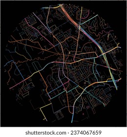 Karte von Mansfield, Texas mit allen wichtigen und kleineren Straßen, Eisenbahnen und Wasserstraßen. Farbige Linienkunst auf schwarzem Hintergrund.