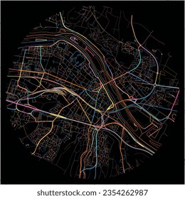 Map of Mantes-la-Jolie, Yvelines with all major and minor roads, railways and waterways. Colorful line art on black background.