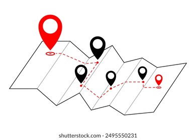 Karte und viele Ortungsstifte, Route, Navigation, Tracking. Vektorgrafik