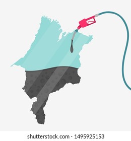 Map of Maranhao being fueled by oil. Gas pump fueled map. On the map there is glass reflection. Brazilian state. Conceptual. Oil producing or importing regions.
