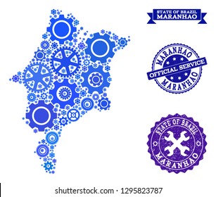 Map of Maranhao State composed with blue wheel symbols, and isolated grunge watermarks for official repair services.