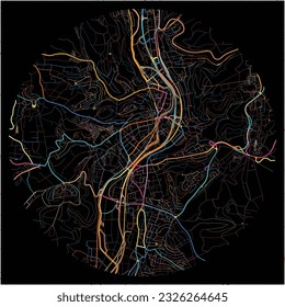 Map of Marburg, Hesse with all major and minor roads, railways and waterways. Colorful line art on black background.