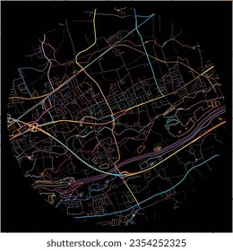 Mapa de Marchtrenk, Alta Austria con todas las carreteras principales y menores, ferrocarriles y vías fluviales. Coloridas líneas de arte sobre fondo negro.