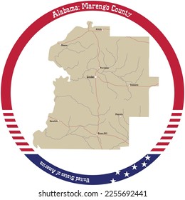 Mapa del condado de Marengo en Alabama, EEUU organizado en círculo.