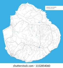 Map of Marie Galante Island, Guadeloupe, contains geography outlines for land mass, water, major roads and minor roads.
