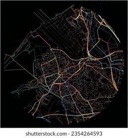 Mapa de Marignane, Bouches-du-Rhône con todas las carreteras principales y menores, ferrocarriles y vías fluviales. Coloridas líneas de arte sobre fondo negro.