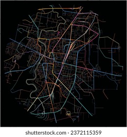 Map of Marijampole, Marijampolė County with all major and minor roads, railways and waterways. Colorful line art on black background.