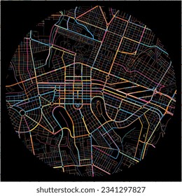 Map of Maringa with all major and minor roads, railways and waterways. Colorful line art on black background.