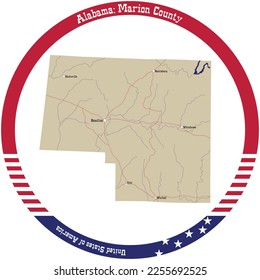 Map of Marion county in Alabama, USA arranged in a circle.