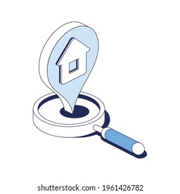 Map mark, house, magnifier search. Vector 3d line isometric, web icons, blue color. Creative design idea for infographics.