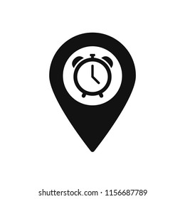 Map marker with Alarm clock icon, map pin, GPS location symbol, vector illustration