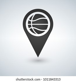 Map marker with basketball symbol on a white background.