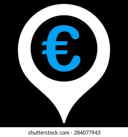 Map marker from BiColor Euro Banking Icon Set. Vector style: flat bicolor, blue and white symbol, rounded angles, black background.