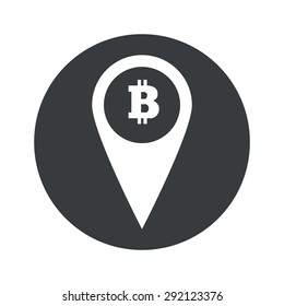 Map marker with bitcoin symbol in black circle, isolated on white