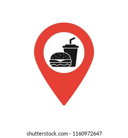 Map marker with Burger and soda icon, map pin, GPS location symbol, vector illustration