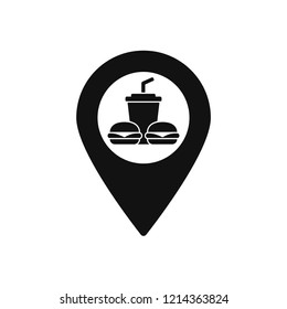 Map marker with Burger and soda icon, map pin, GPS location symbol, vector illustration