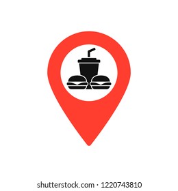 Map marker with Burgers and soda icon, map pin, GPS location symbol, vector illustration